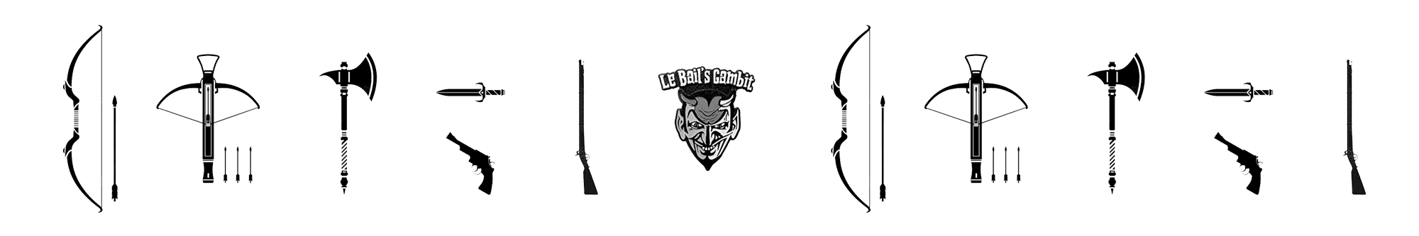 Image of several old-fashioned weapons bracketing the face of Le Bail